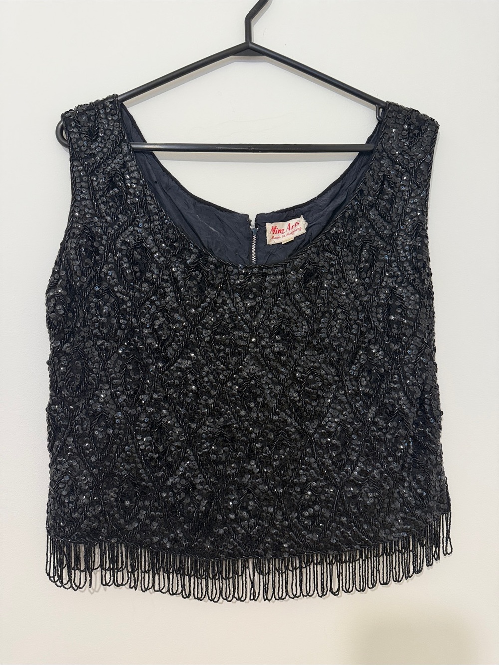 Vintage gorgeous black beaded tassled crop top - L
